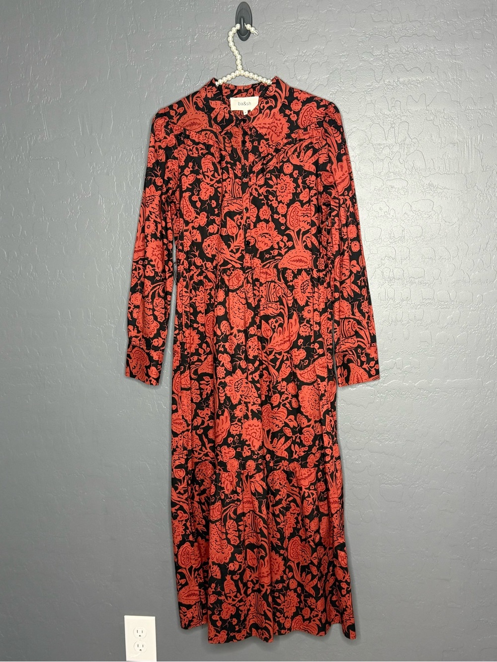 ba&sh Black and Red Floral Long-Sleeve Maxi Dress